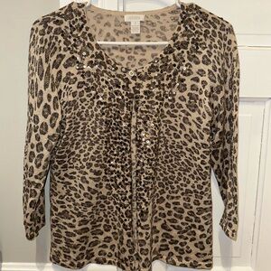 Chico's Beige and Brown Leopard Print Sequin Cardigan
